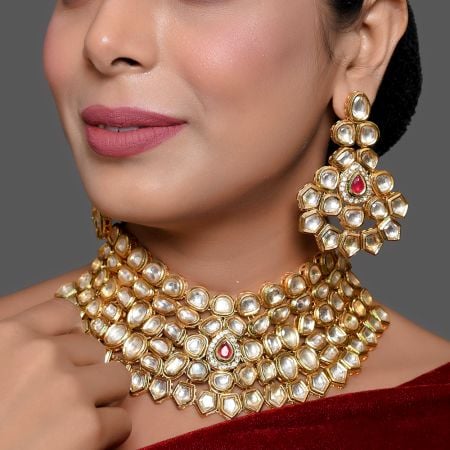 Royal Mirror Stone Bridal Choker Necklace Set with Earrings and Maang Tikka
